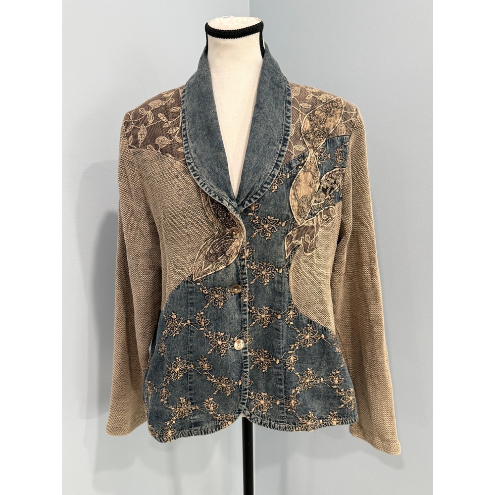 Vintage Josephine Positano Italy Denim Knit Patchwork Embroidered Jacket XL